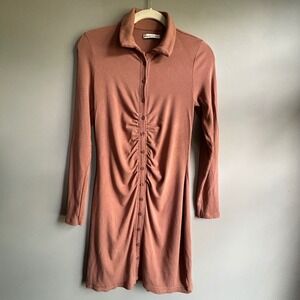 Abercrombie & Fitch Women Rose Terracotta Ribbed Ruched Button Mini Dress Medium
